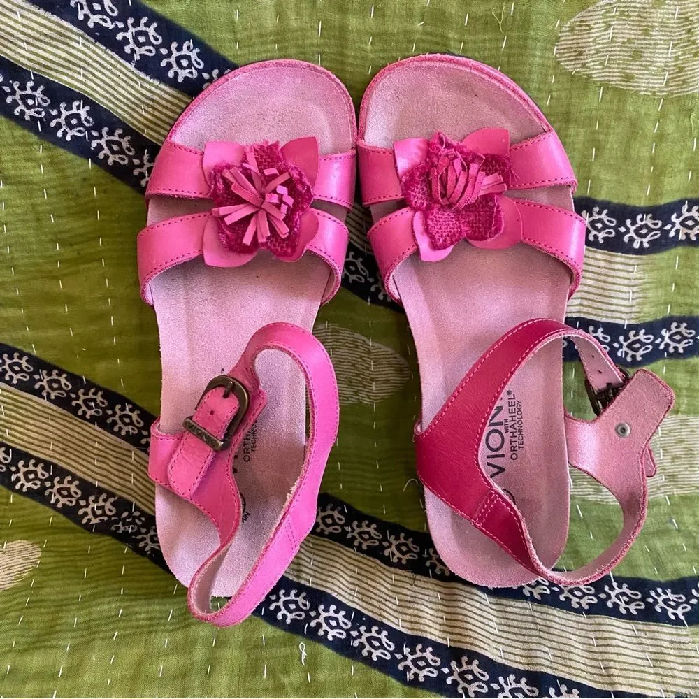 Vionic Pink Orthaheel Floral Strappy Leather Cork Wedge Heeled Sandals Size 7